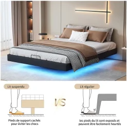 Lit 160x200 cm avec LED, cadre flottant, base en bois, PU noir, sans tête de lit, rangement