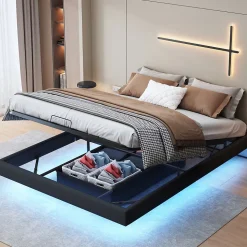 Lit 160x200 cm avec LED, cadre flottant, base en bois, PU noir, sans tête de lit, rangement