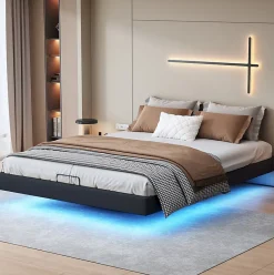 Lit 160x200 cm avec LED, cadre flottant, base en bois, PU noir, sans tête de lit, rangement