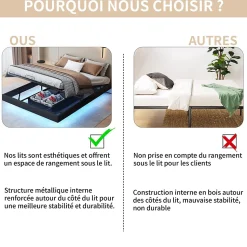 Lit 160x200 cm avec LED, cadre flottant, base en bois, PU noir, sans tête de lit, rangement