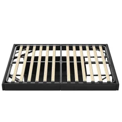 Lit 160x200 cm avec LED, cadre flottant, base en bois, PU noir, sans tête de lit, rangement