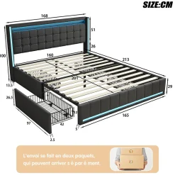 Lit 160x200 cm avec LED et ports USB Type C, lit Queen 160x200 cm avec sommier à lattes et 4 tiroirs, tissu en lin, gris foncé