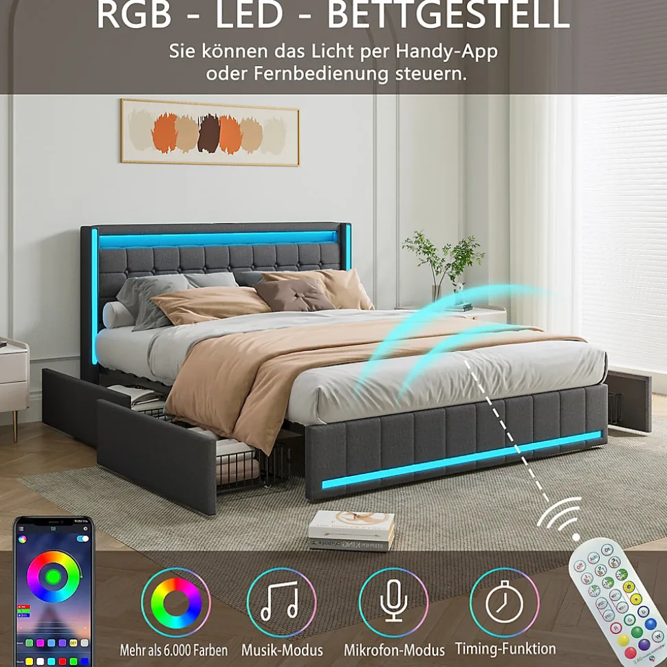 Lit 160x200 cm avec LED et ports USB Type C, lit Queen 160x200 cm avec sommier à lattes et 4 tiroirs, tissu en lin, gris foncé