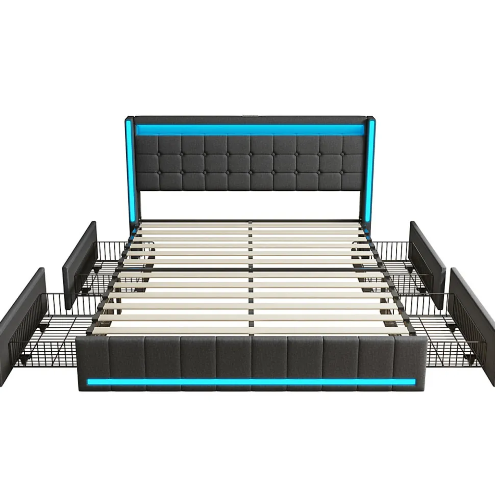 Lit 160x200 cm avec LED et ports USB Type C, lit Queen 160x200 cm avec sommier à lattes et 4 tiroirs, tissu en lin, gris foncé