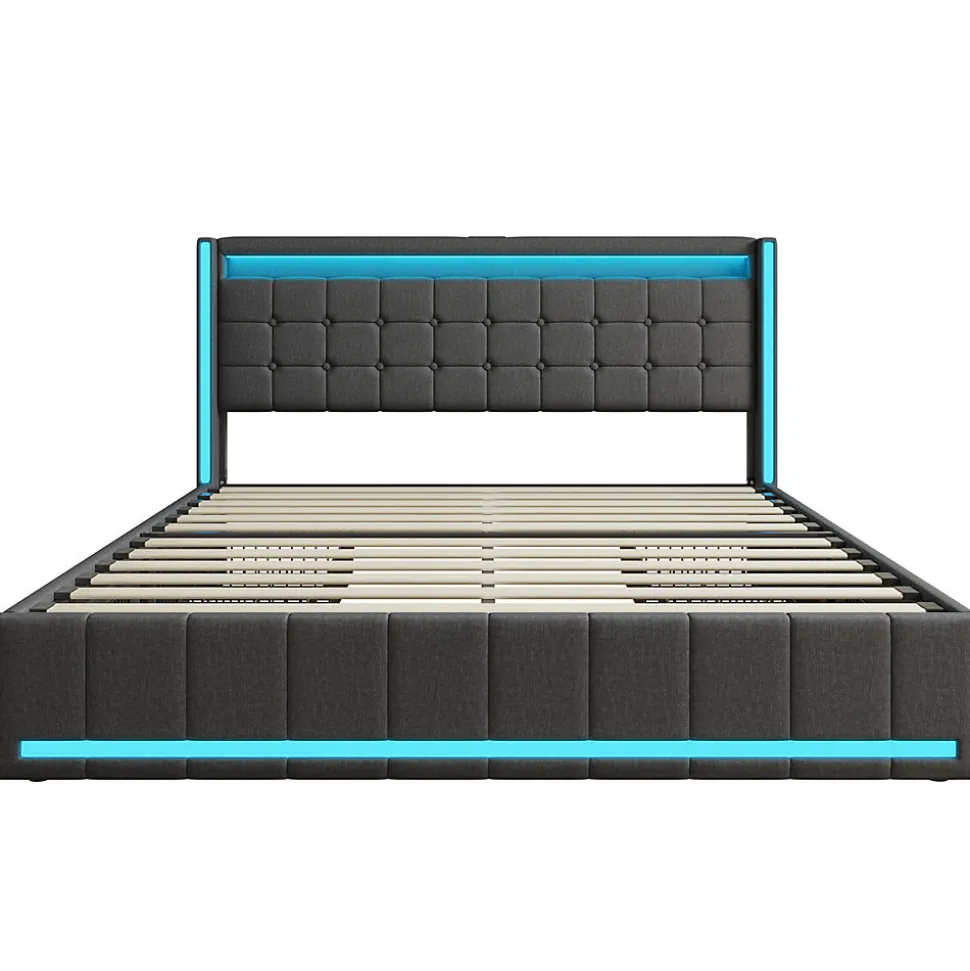 Lit 160x200 cm avec LED et ports USB Type C, lit Queen 160x200 cm avec sommier à lattes et 4 tiroirs, tissu en lin, gris foncé