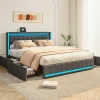 Lit 160x200 cm avec LED et ports USB Type C, lit Queen 160x200 cm avec sommier à lattes et 4 tiroirs, tissu en lin, gris foncé