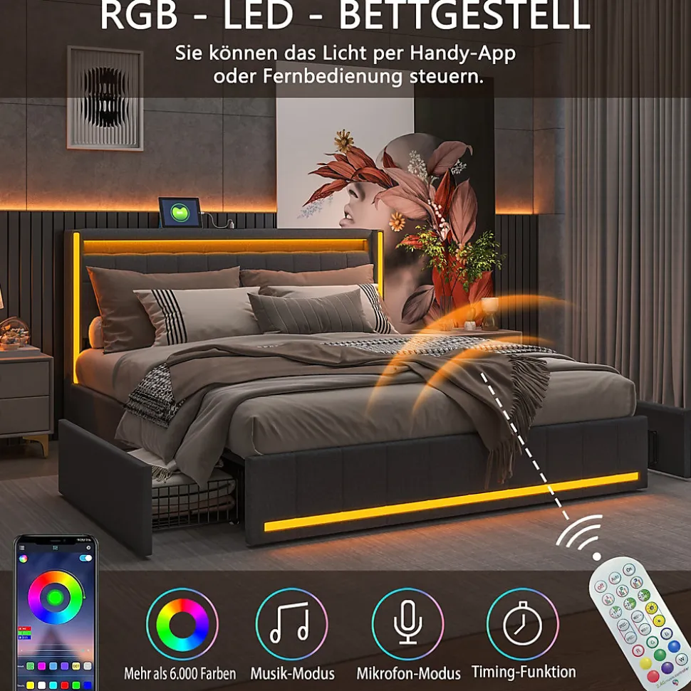 Lit 160x200 cm avec LED et ports USB Type C, lit Queen 160x200 cm avec sommier à lattes et 4 tiroirs, tissu en lin, gris foncé