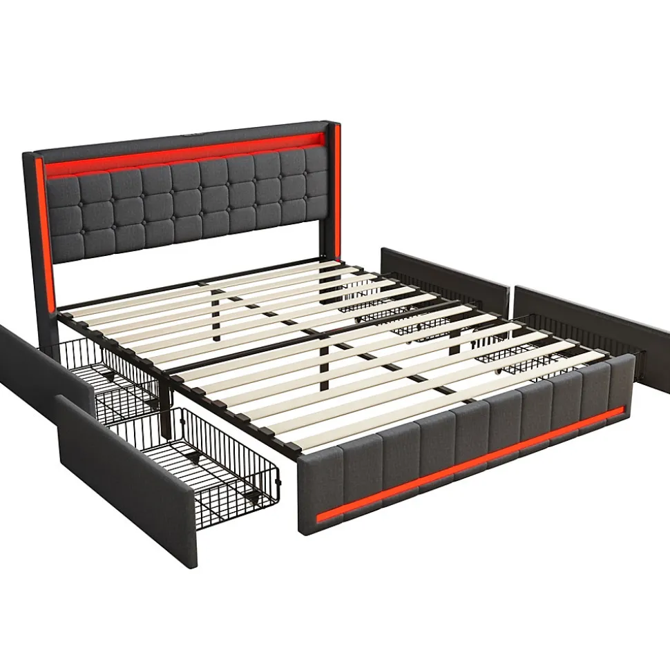 Lit 160x200 cm avec LED et ports USB Type C, lit Queen 160x200 cm avec sommier à lattes et 4 tiroirs, tissu en lin, gris foncé