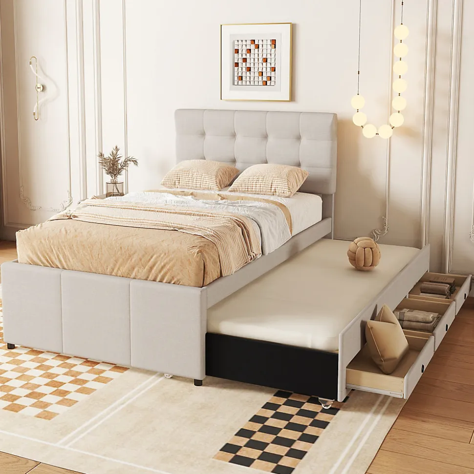 Lit 90x200 cm avec lit gigogne et 3 tiroirs, tête de lit réglable, tapissé lin beige, design minimaliste