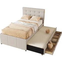 Lit 90x200 cm avec lit gigogne et 3 tiroirs, tête de lit réglable, tapissé lin beige, design minimaliste