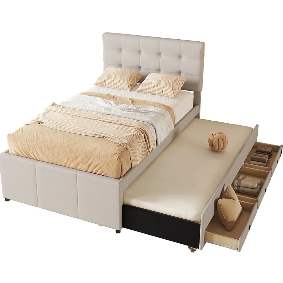 Lit 90x200 cm avec lit gigogne et 3 tiroirs, tête de lit réglable, tapissé lin beige, design minimaliste