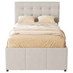 Lit 90x200 cm avec lit gigogne et 3 tiroirs, tête de lit réglable, tapissé lin beige, design minimaliste