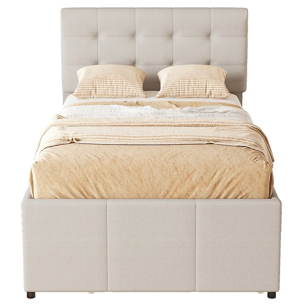 Lit 90x200 cm avec lit gigogne et 3 tiroirs, tête de lit réglable, tapissé lin beige, design minimaliste