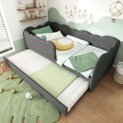 Lit 90x190 cm avec lit gigogne et dossier rembourré en lin gris, côtés modulables pour chambre d'enfant