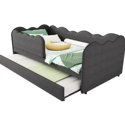 Lit 90x190 cm avec lit gigogne et dossier rembourré en lin gris, côtés modulables pour chambre d'enfant