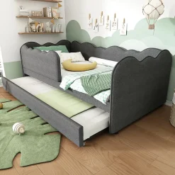 Lit 90x190 cm avec lit gigogne et dossier rembourré en lin gris, côtés modulables pour chambre d'enfant