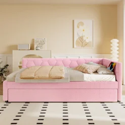 Lit 90x200 cm avec lit gigogne, revêtement velours rose et structure MDF, lampe de chevet intégrée
