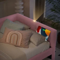 Lit 90x200 cm avec lit gigogne, revêtement velours rose et structure MDF, lampe de chevet intégrée