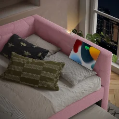 Lit 90x200 cm avec lit gigogne, revêtement velours rose et structure MDF, lampe de chevet intégrée