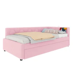 Lit 90x200 cm avec lit gigogne, revêtement velours rose et structure MDF, lampe de chevet intégrée