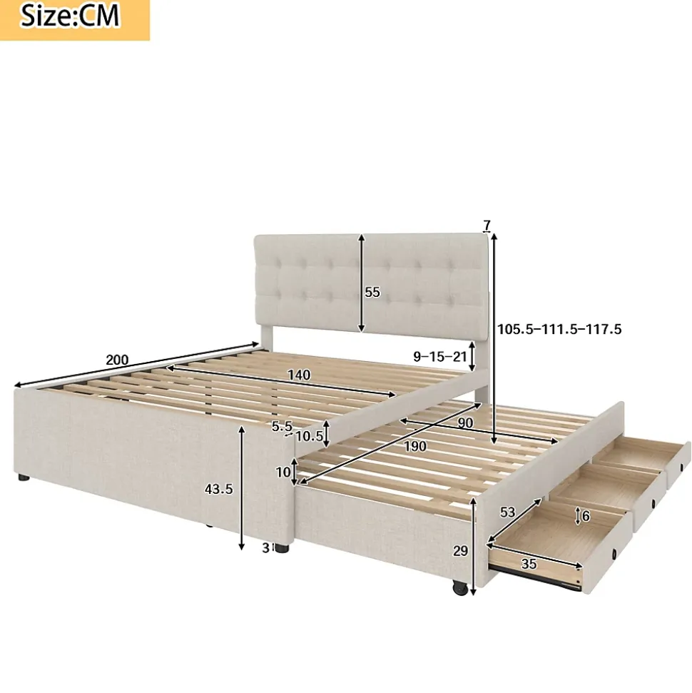 Lit 140x200 cm avec lit gigogne, 3 tiroirs et tête de lit réglable, tapissé lin beige, style minimaliste