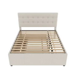 Lit 140x200 cm avec lit gigogne, 3 tiroirs et tête de lit réglable, tapissé lin beige, style minimaliste