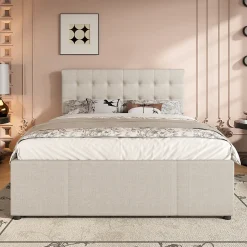 Lit 140x200 cm avec lit gigogne, 3 tiroirs et tête de lit réglable, tapissé lin beige, style minimaliste