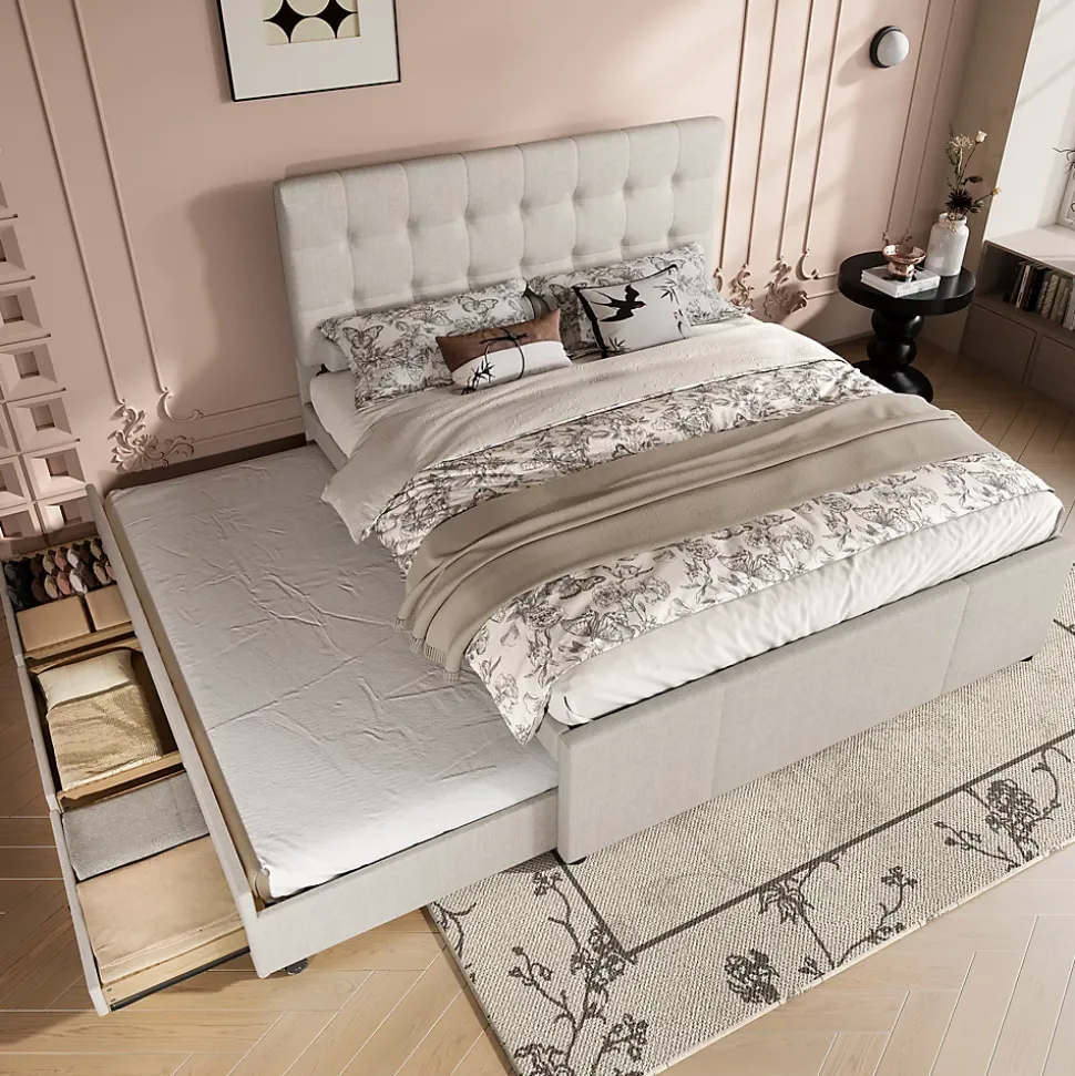 Lit 140x200 cm avec lit gigogne, 3 tiroirs et tête de lit réglable, tapissé lin beige, style minimaliste