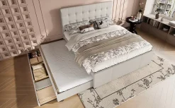 Lit 140x200 cm avec lit gigogne, 3 tiroirs et tête de lit réglable, tapissé lin beige, style minimaliste