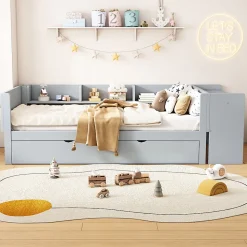 Lit 90x200 cm avec lit gigogne, bureau amovible et 3 étagères latérales, cadre pin massif et MDF, finition gris