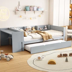 Lit 90x200 cm avec lit gigogne, bureau amovible et 3 étagères latérales, cadre pin massif et MDF, finition gris