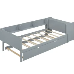 Lit 90x200 cm avec lit gigogne, bureau amovible et 3 étagères latérales, cadre pin massif et MDF, finition gris