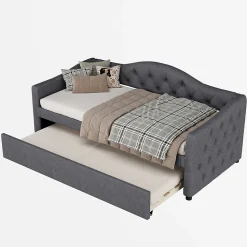 Lit 90x200 cm avec lit gigogne en lin et structure MDF, style minimaliste gris convertible en banquette