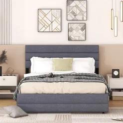 Lit 140x200 cm avec lit gigogne et 2 tiroirs, tapissé lin gris, tête réglable, style moderne et gain de place