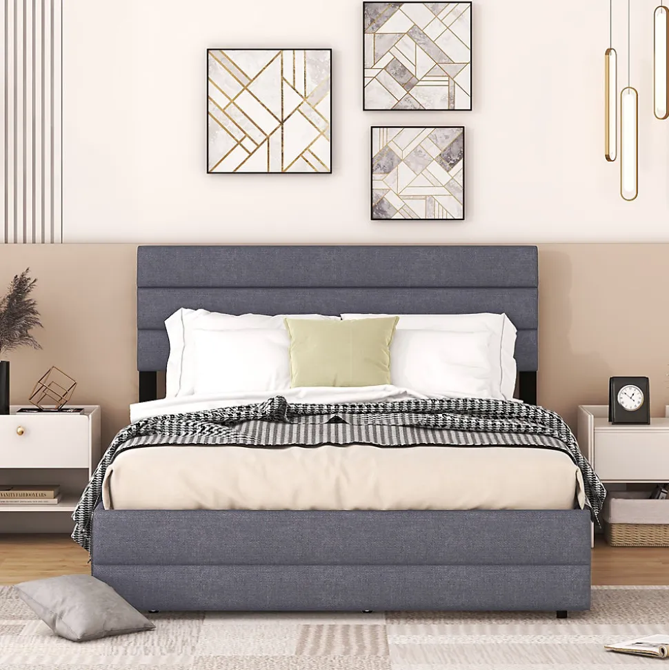 Lit 140x200 cm avec lit gigogne et 2 tiroirs, tapissé lin gris, tête réglable, style moderne et gain de place