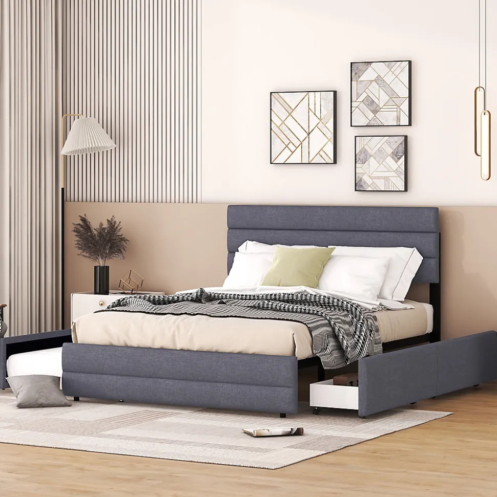 Lit 140x200 cm avec lit gigogne et 2 tiroirs, tapissé lin gris, tête réglable, style moderne et gain de place