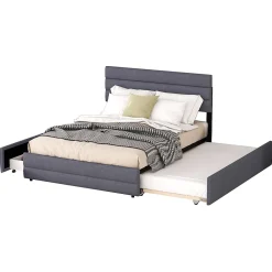 Lit 140x200 cm avec lit gigogne et 2 tiroirs, tapissé lin gris, tête réglable, style moderne et gain de place