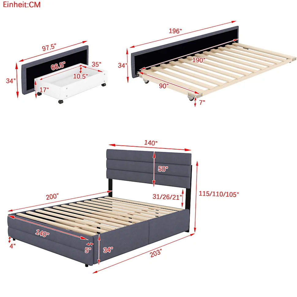 Lit 140x200 cm avec lit gigogne et 2 tiroirs, tapissé lin gris, tête réglable, style moderne et gain de place