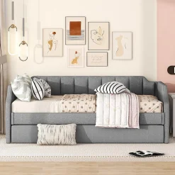 Lit 90x200 cm avec lit gigogne roulant, tapissé lin gris, dossier et accoudoirs arrondis design contemporain