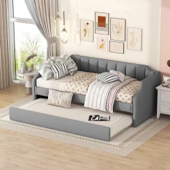 Lit 90x200 cm avec lit gigogne roulant, tapissé lin gris, dossier et accoudoirs arrondis design contemporain