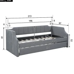 Lit 90x200 cm avec lit gigogne roulant, tapissé lin gris, dossier et accoudoirs arrondis design contemporain