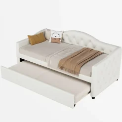 Lit 90x200 cm avec lit gigogne, revêtement lin beige, structure MDF, design minimaliste, idéal petits espaces