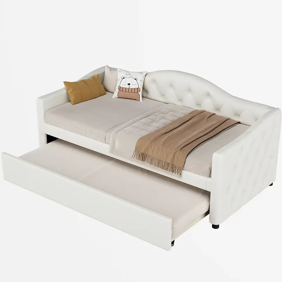 Lit 90x200 cm avec lit gigogne, revêtement lin beige, structure MDF, design minimaliste, idéal petits espaces