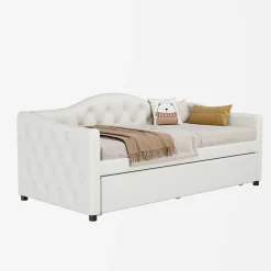 Lit 90x200 cm avec lit gigogne, revêtement lin beige, structure MDF, design minimaliste, idéal petits espaces