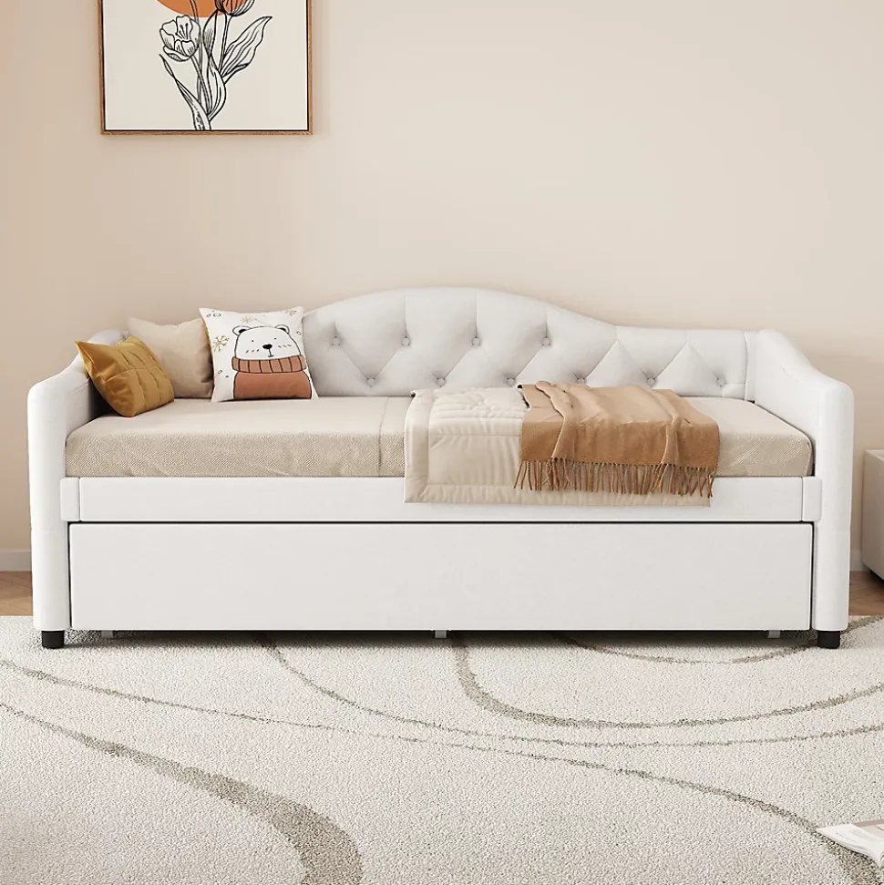 Lit 90x200 cm avec lit gigogne, revêtement lin beige, structure MDF, design minimaliste, idéal petits espaces