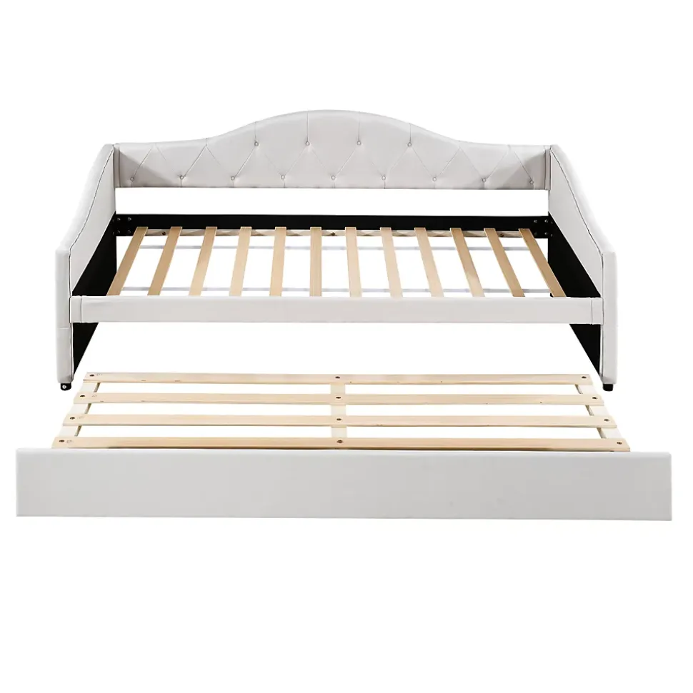 Lit 90x200 cm avec lit gigogne, revêtement lin beige, structure MDF, design minimaliste, idéal petits espaces