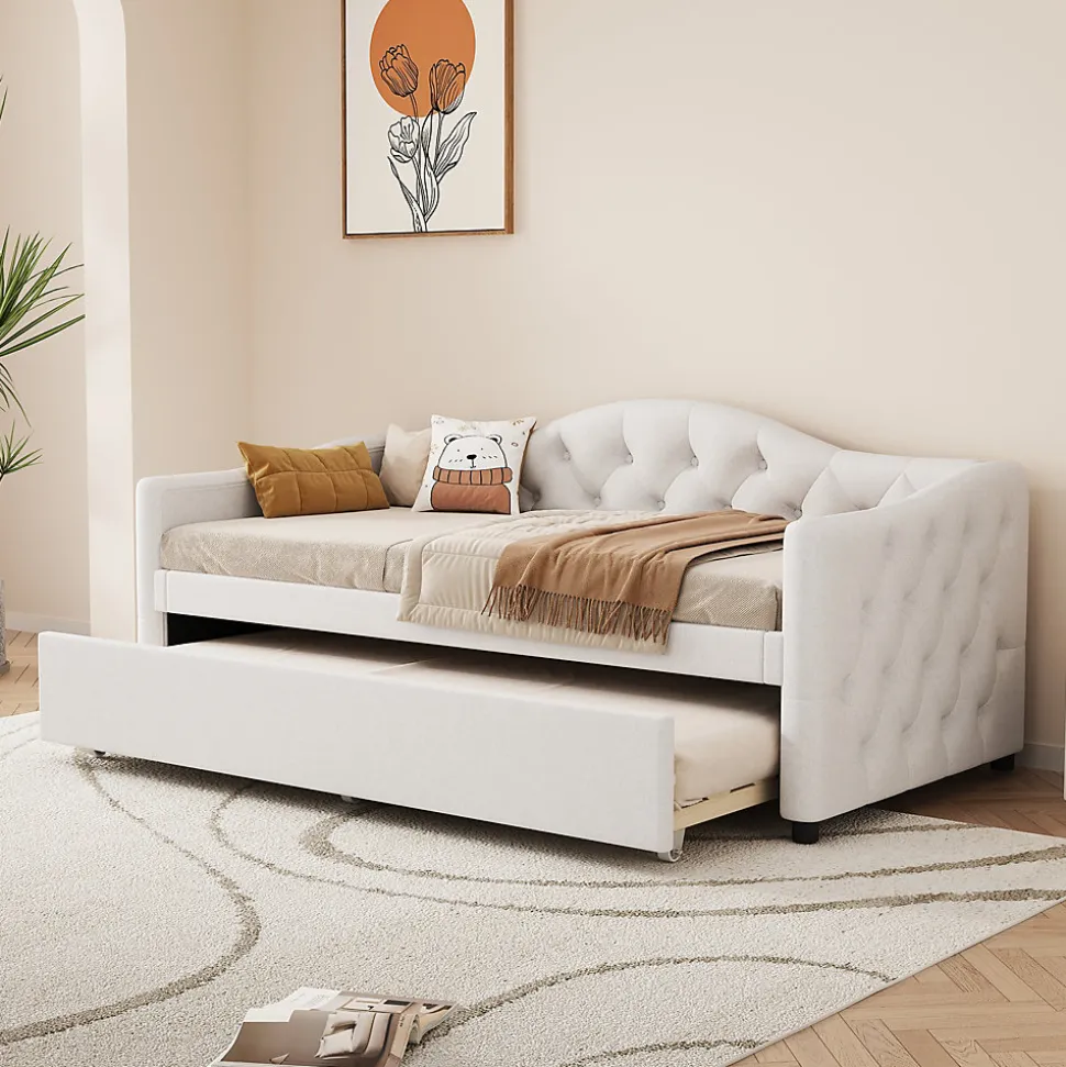 Lit 90x200 cm avec lit gigogne, revêtement lin beige, structure MDF, design minimaliste, idéal petits espaces