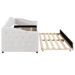 Lit 90x200 cm avec lit gigogne, revêtement lin beige, structure MDF, design minimaliste, idéal petits espaces