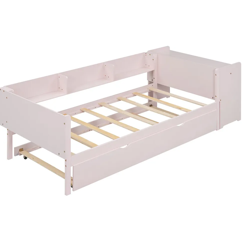 Lit 90x200 cm avec lit gigogne et bureau intégré, 3 étagères latérales, pin massif et MDF, design moderne rose