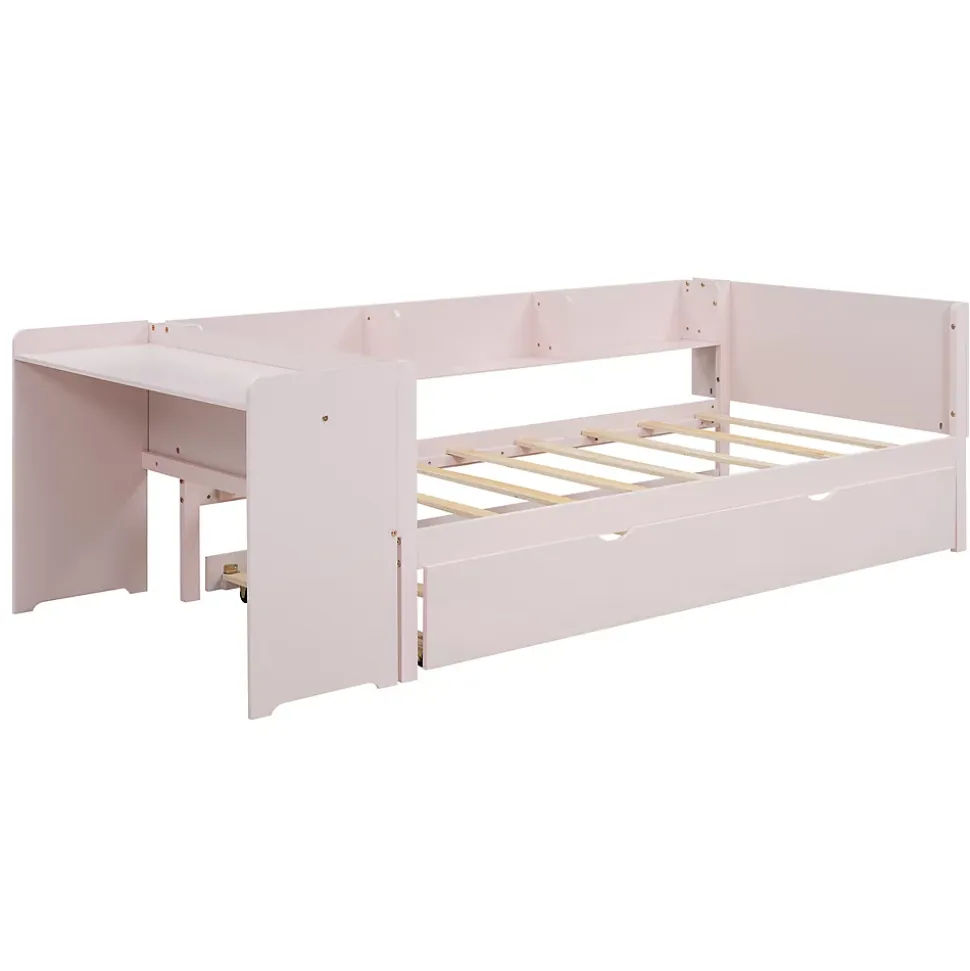 Lit 90x200 cm avec lit gigogne et bureau intégré, 3 étagères latérales, pin massif et MDF, design moderne rose